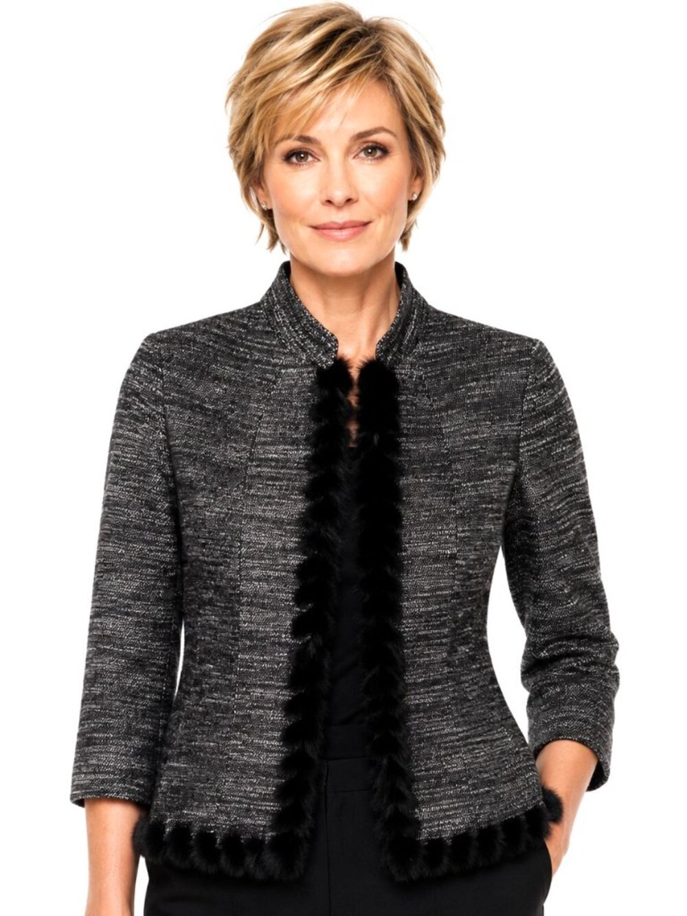 Alberto Makali B&W Tweed Mink Trim Jacket